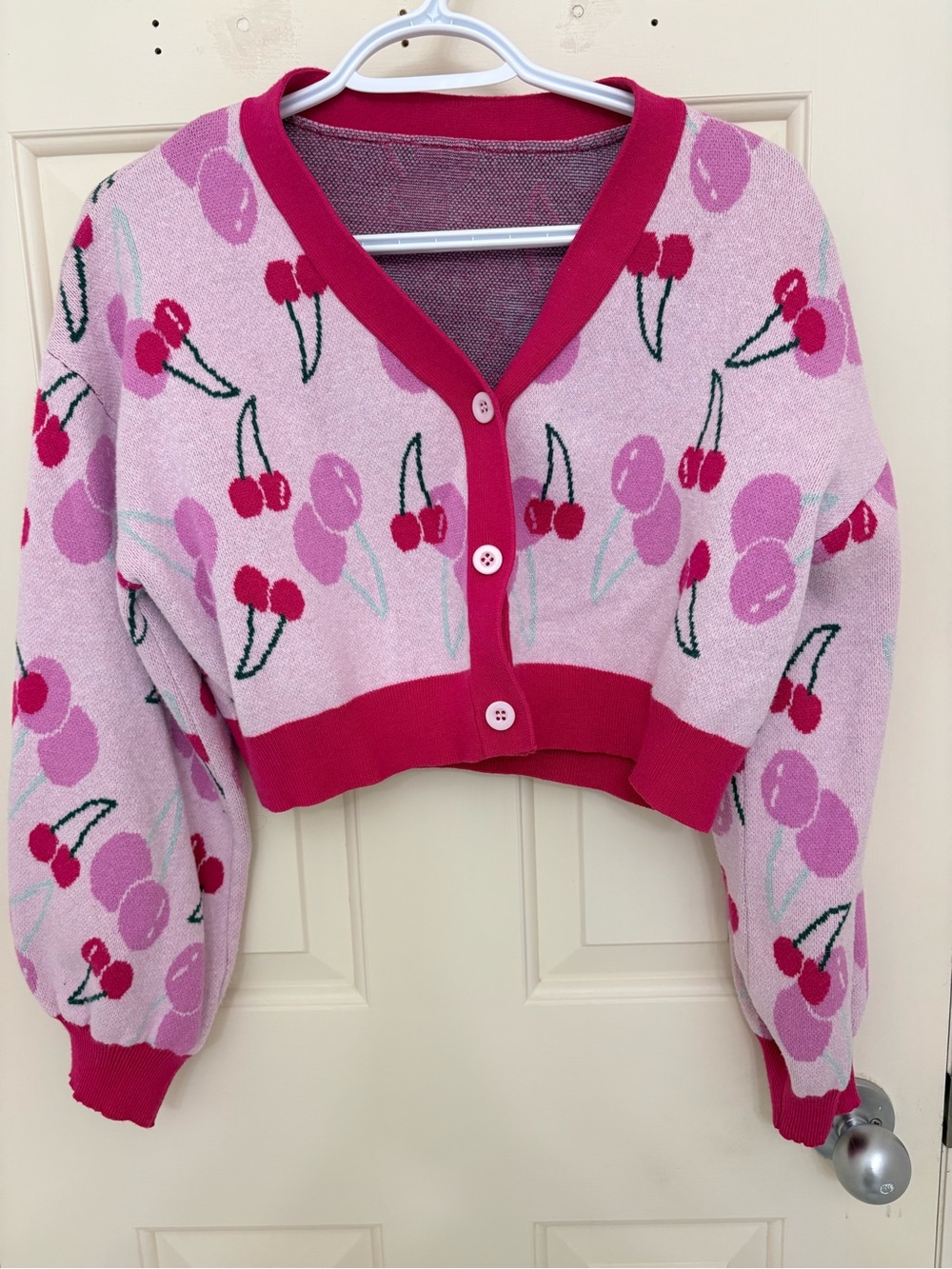 Pink Cherry-Print Cropped V-Neck Cardigan Sweater